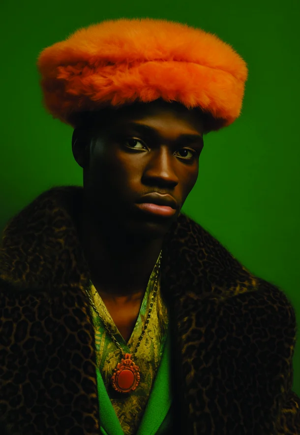 A man in an orange fur hat and leopard-print coat