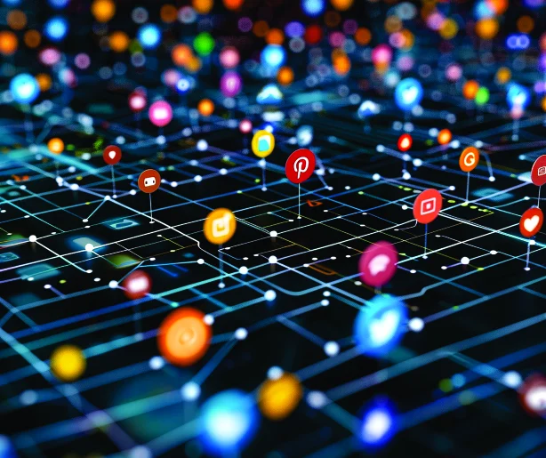 A glowing map of connected social media icons