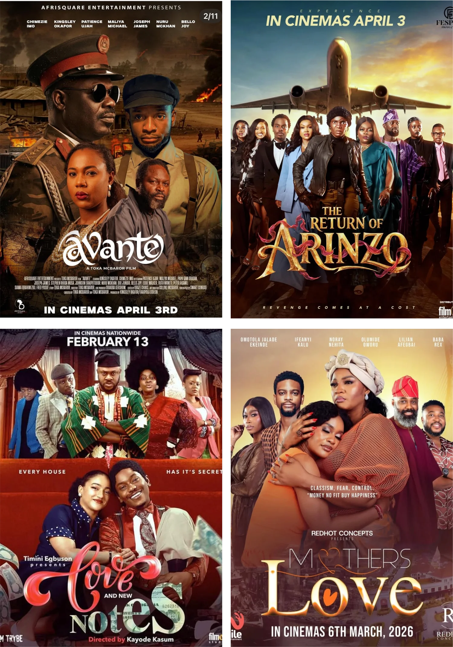 Nollywood movie posters — Avante, The Return of Arinzo, Love and New Notes, Mother's Love