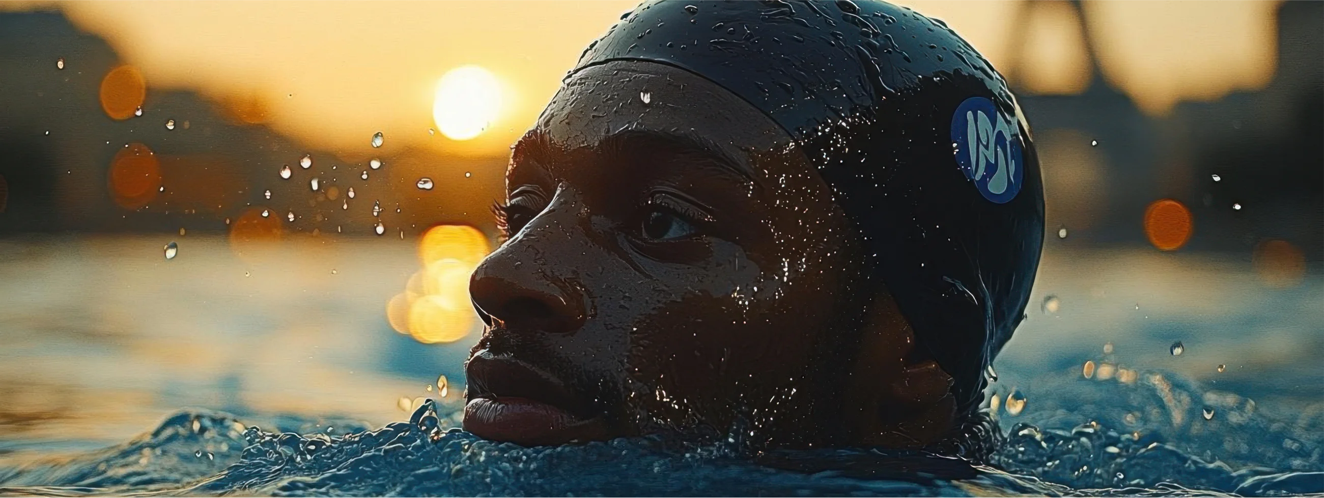 Swimmer silhouette above water at golden hour