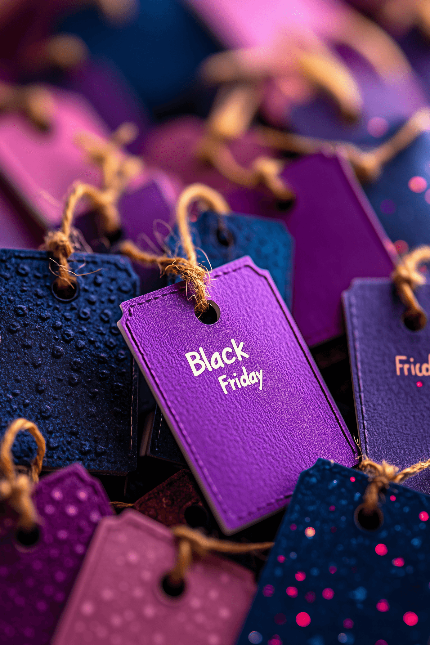 Purple leather price tags scattered on dark surface