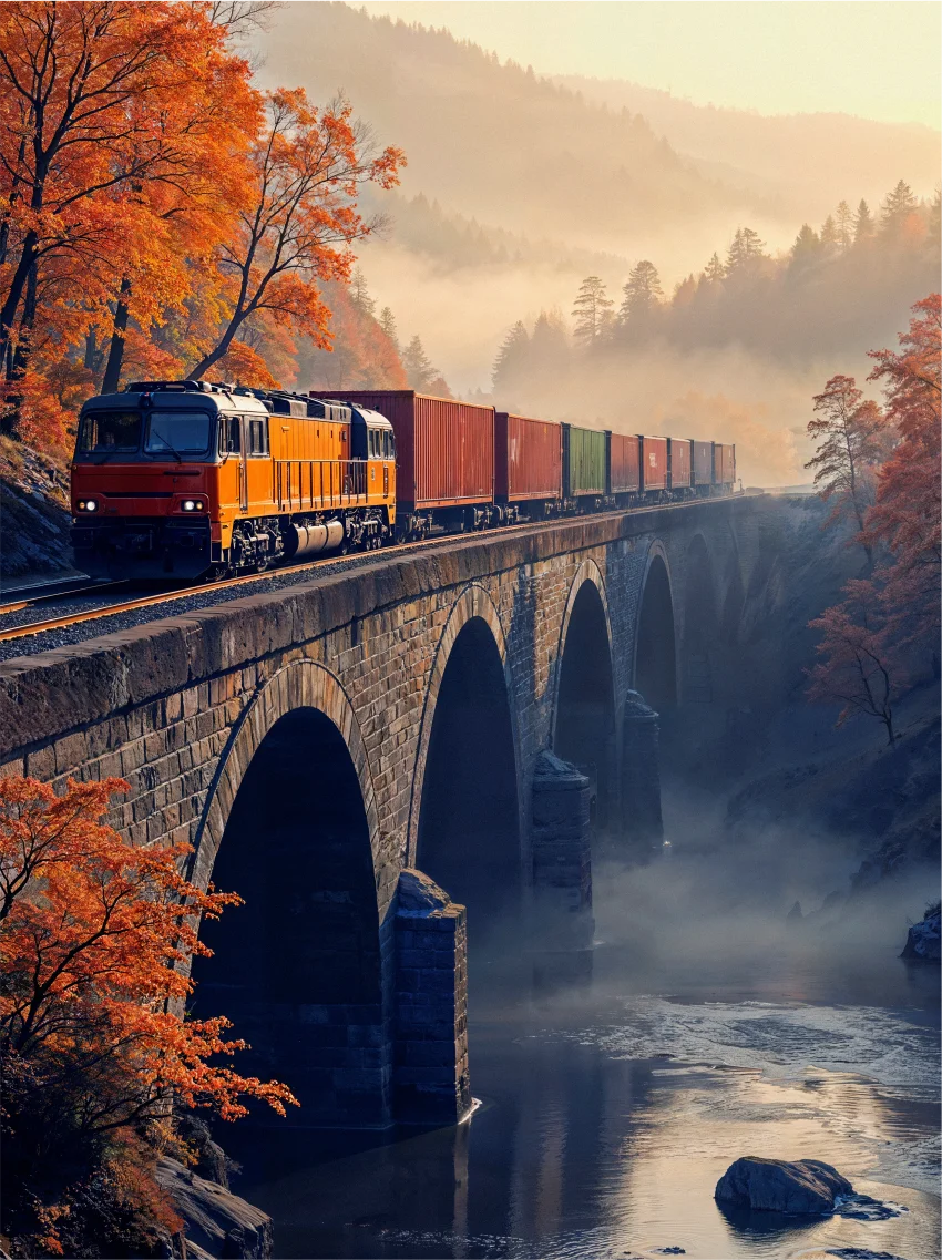 Train crossing stone arch bridge in autumn foliage