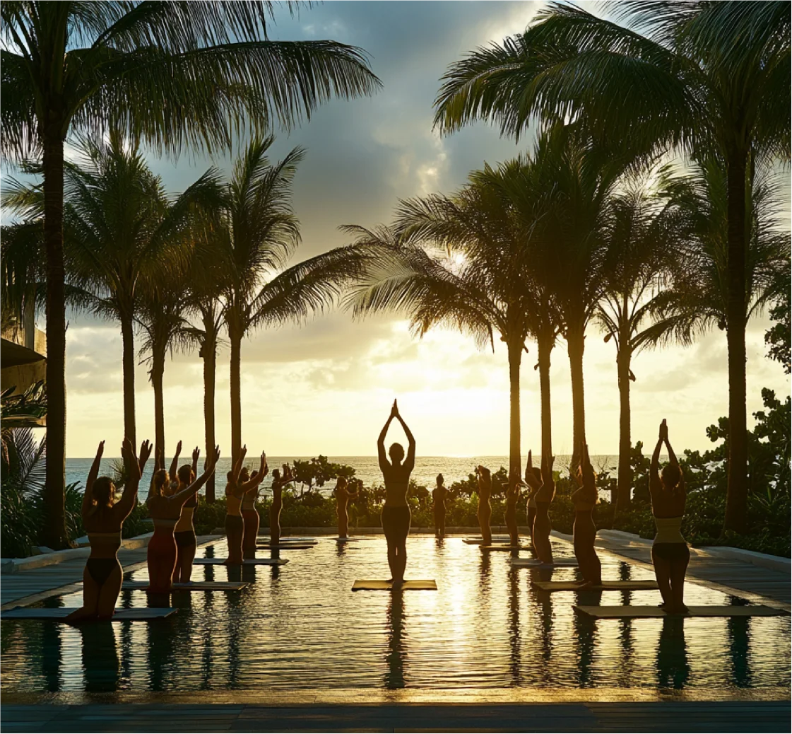 Silhouetted yoga session at sunset near palm trees