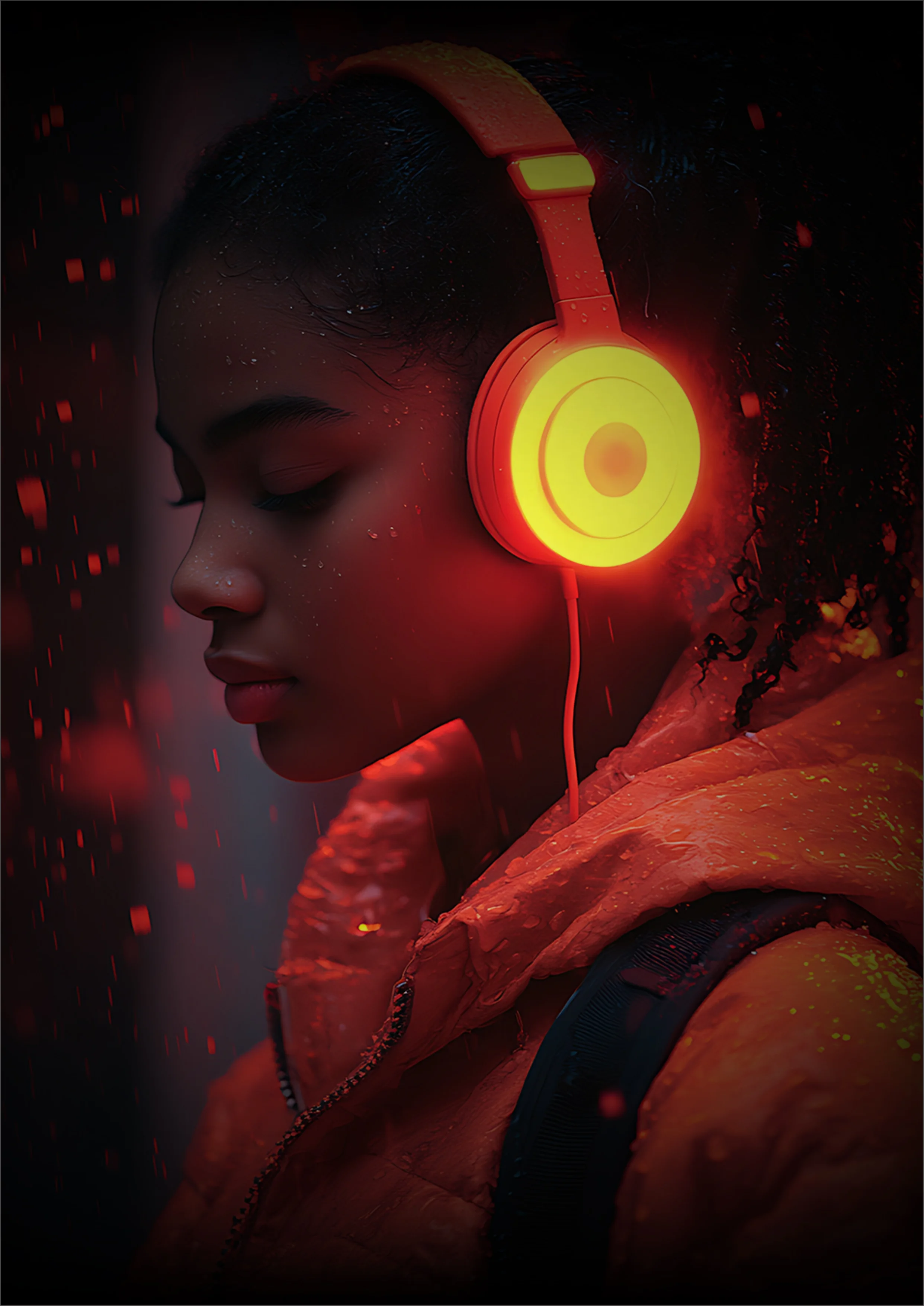 Woman with glowing red and yellow headphones against a dark background