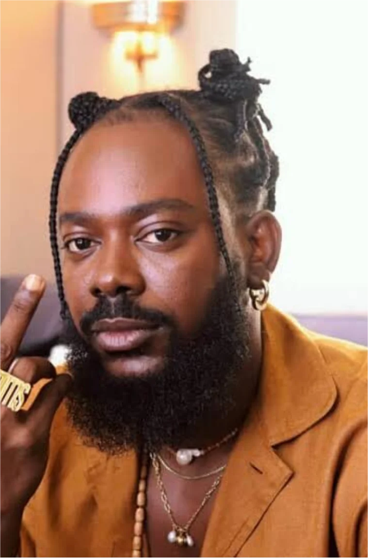 Adekunle Gold in an orange jacket with braids